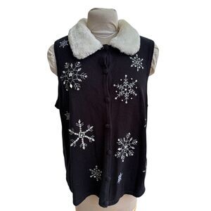 Merry & Bright Womens SweaterVest Sweater Snowflake Black/White Furry Collar XL
